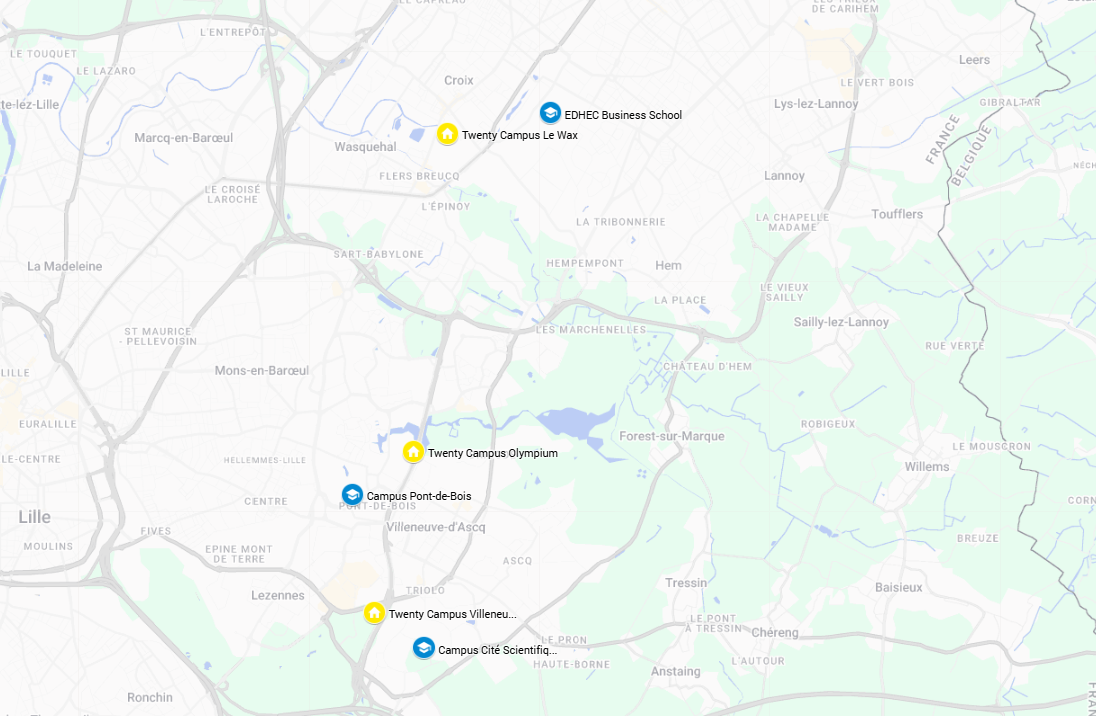 Carte des résidences Twenty Campus et des campus étudiants à Villeneuve-d'Ascq