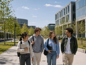 Étudiants marchant sur un campus moderne de Paris-Saclay avec des bâtiments universitaires en arrière-plan